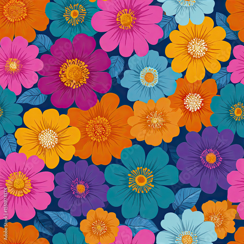 Colorful Floral Pattern Illustration: Vibrant Botanical Design for Surface Art and Textile