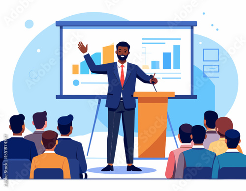 Business Presentation With Man Speaking To Audience With Graph On Projector Screen Vector Illustration