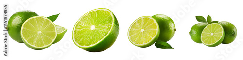 Fresh limes and lime slices on white background, isolated, transparent background, no background, set   © Aleksandra