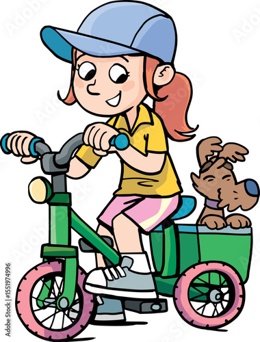girl drives a small dog in a basket on a bicycle