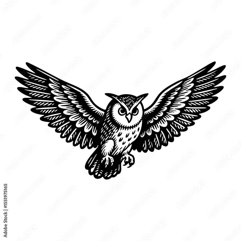 Fototapeta premium Horned owl flying spread wing sketch engraving black and white outline. Scratch board imitation.