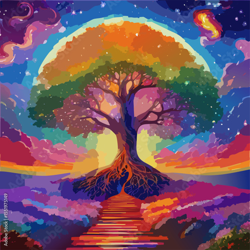 Fantasy landscape with colorful tree rainbow sky and dreamy sunset