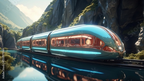 Futuristic High-Speed Train Navigating Through a Lush Green Mountain Valley Reflecting in the Calm Water