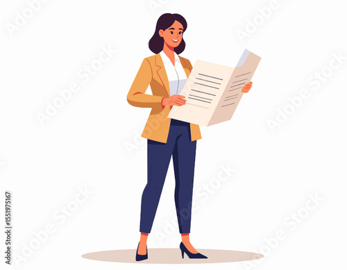 Businesswoman in Formal Attire Reading Documents in a Light Background With Sleek Hair Style Wearing Dark Blue Pants and Beige Jacket