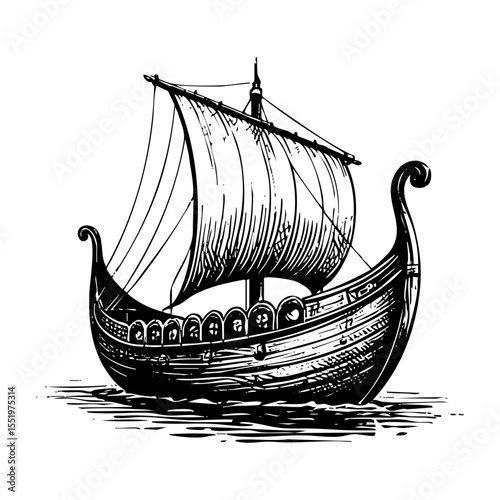 viking ship engraving sketch engraving black and white outline. Scratch board imitation.  illustrated in vintage line art style on a white background.
