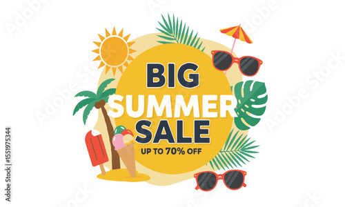 Colorful vector for summer sale promo with tropical vibes, ideal for online ads, banners, and social media campaigns
