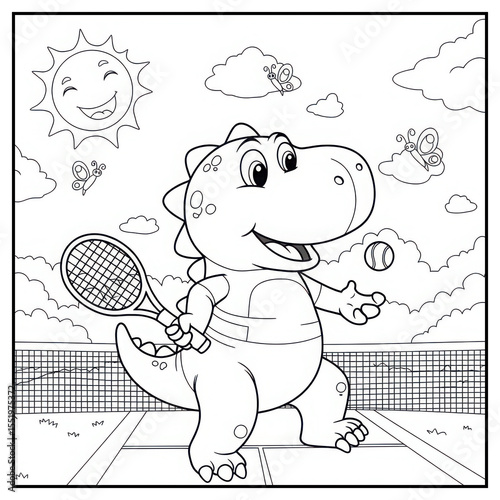 Cartoon dinosaur playing tennis on the court with sunny background  