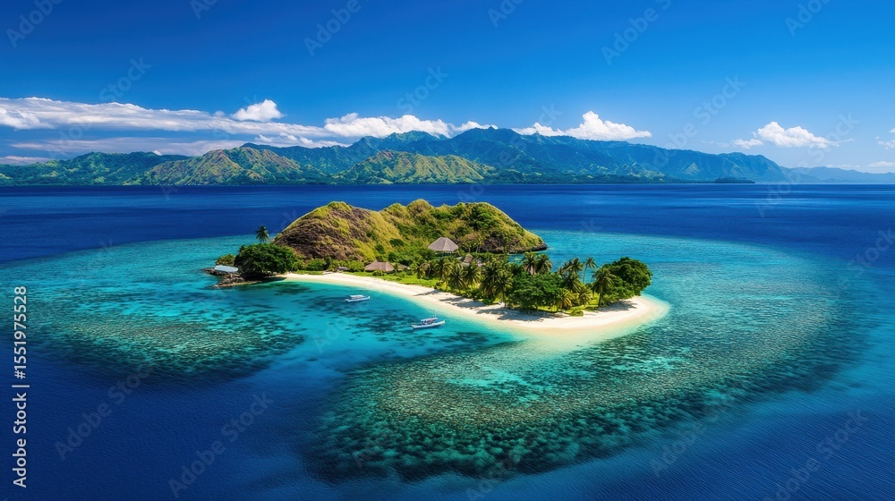 Fototapeta premium Serene Tropical Island Surrounded by Crystal Clear Blue Water