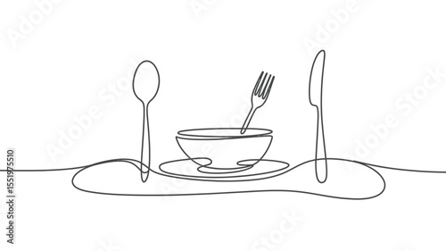 Minimalist Line Art Bowl Spoon Fork and Knife on White