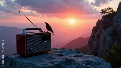Serene Sunset Vista Mountaintop Radio Bird Landscape