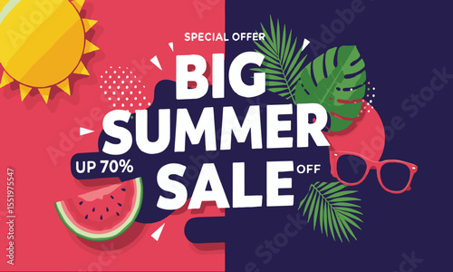 Colorful vector for summer sale promo with tropical vibes, ideal for online ads, banners, and social media campaigns