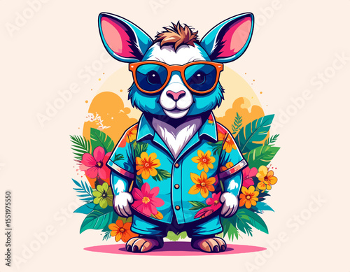 Cartoon Animal with Hawaiian Shirt and Sunglasses on Light Background with Floral Details and Tropical Theme