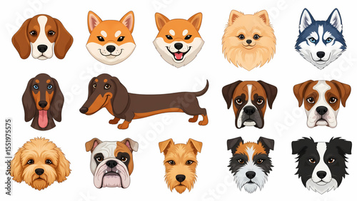  Dog Breeds Collection: Diverse Set of Cartoon Canine Faces and Full Body Illustrations
