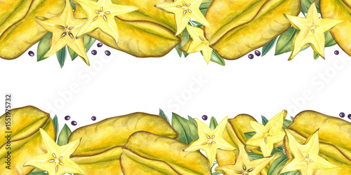 Carambola fruits, leaves and black seeds rectangular watercolor frame isolated background. Tropical starfruit border with copy space for text. For exotic food packaging, healthy lifestyle designs