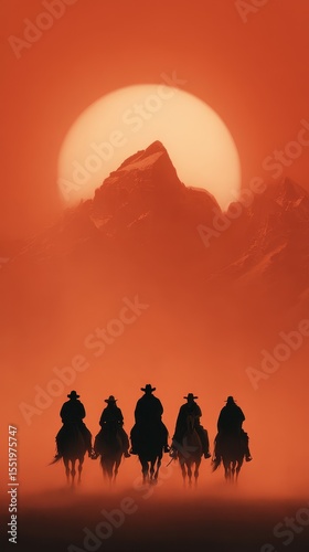 Silhouetted cowboys riding into the sunset against a mountain backdrop in a serene landscape