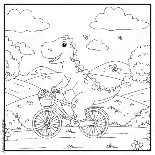 Cartoon dinosaur riding bicycle in a colorful landscape for kids coloring pages  