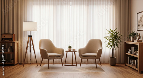 Cozy nursing home interior featuring two beige armchairs, a wooden coffee table, a floor lamp, and a potted plant, creating a warm and inviting atmosphere for residents