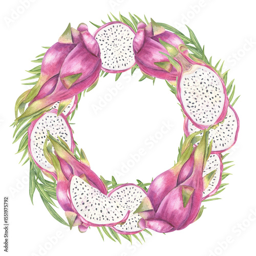 Pink pitaya and palm leaves watercolor wreath isolated background. Tropical composition with blank center for text. For exotic wedding invitations, tropical party decor, healthy food branding