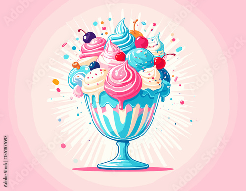 Cartoonish Ice Cream Sundae with Cherry Topping in Pink and Blue Colors against a White Background
