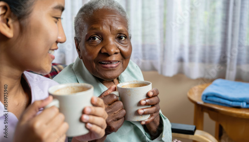 Elderly woman and young caregiver enjoying warm beverages together, sharing a moment of joy and connection in a cozy, well-lit living room with soft textures and inviting atmosphere