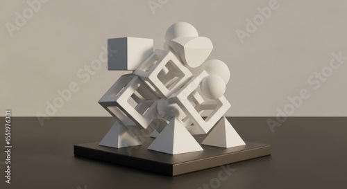 Abstract Geometric Sculpture Composed of Interlocking Cubes Spheres and Pyramids with a Minimalist Aesthetic