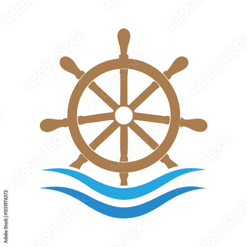 Brown Ship Wheel Icon With Blue Waves On White Background helm boat