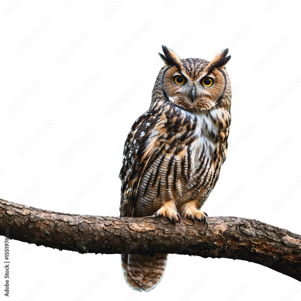 Naklejka premium A captivating portrait of a great horned owl, a majestic brown and white bird of prey, with intense yellow eyes, embodying the essence of wild nature