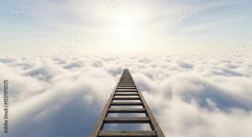 A Wooden Ladder Ascends Towards a Bright Sun Through a Vast Expanse of Fluffy White Clouds
