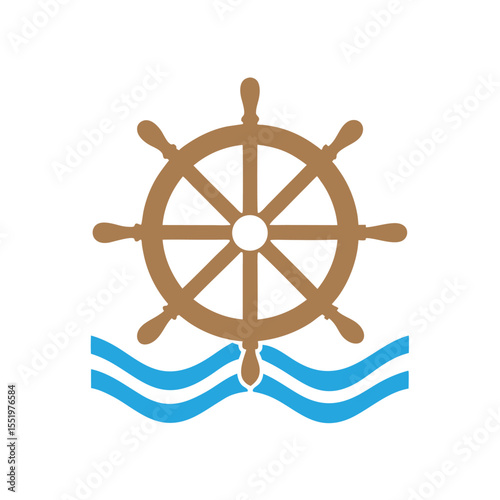 Brown ship wheel with blue waves on white background helm boat