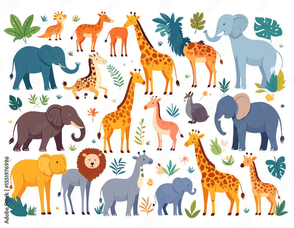 Obraz premium Collection of Cartoon Animals Including Giraffes Elephants and Lions with Tropical Plants on White Background