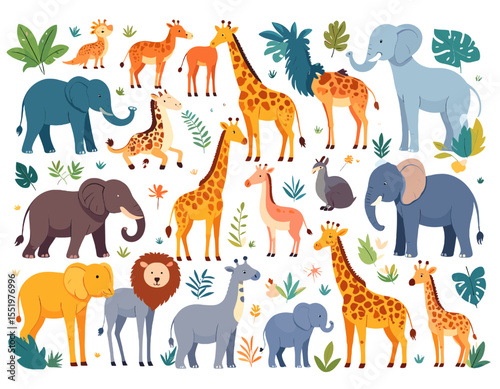 Collection of Cartoon Animals Including Giraffes Elephants and Lions with Tropical Plants on White Background