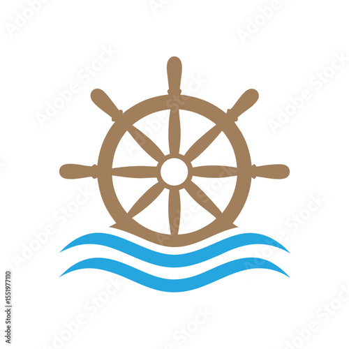 Brown Ship Wheel Over Blue Waves On White Background helm boat