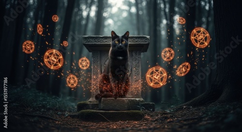 Mystical Black Cat Guardian of Ancient Forest Altar with Glowing Symbols
