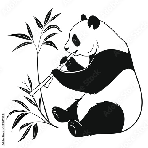 Adorable black and white panda enjoying bamboo sticks next to bamboo plant vector illustration