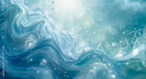 An abstract depiction of swirling blue water with light shining through and small bubbles visible
