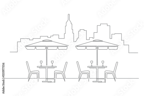 Minimalist Line Art of Outdoor Cafe with City Skyline Backdrop