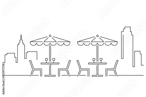 Outdoor cafe seating with umbrellas and city skyline in minimalist line art style