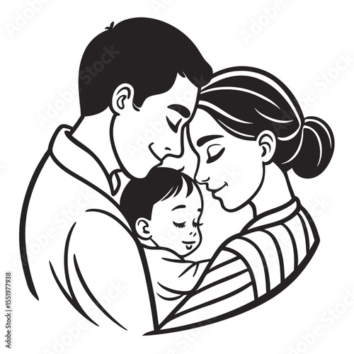 Loving family embracing with a smiling baby vector illustration in black and white style