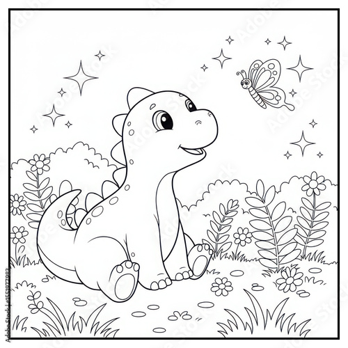 Cute dinosaur sitting and smiling at butterfly in garden coloring pages  