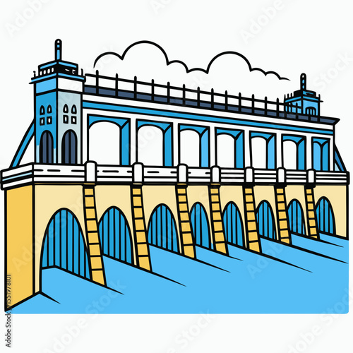 Creative River Barrage Vector Illustration | Detailed Water Control Structure for Hydropower, Irrigation, and Infrastructure Design	