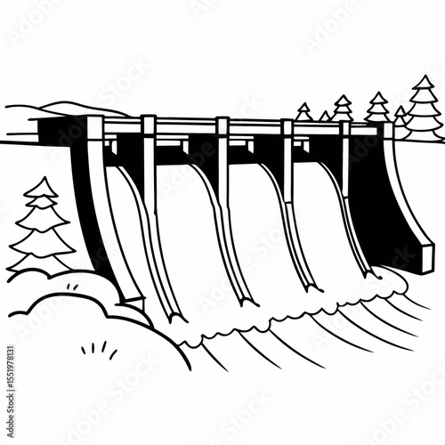 Creative River Barrage Vector Illustration | Detailed Water Control Structure for Hydropower, Irrigation, and Infrastructure Design	