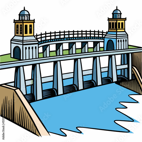 Creative River Barrage Vector Illustration | Detailed Water Control Structure for Hydropower, Irrigation, and Infrastructure Design	
