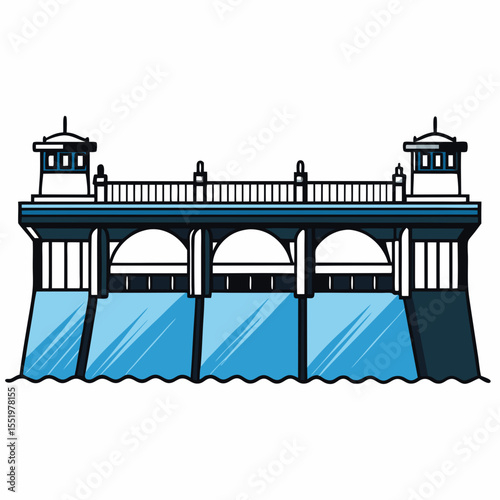 Creative River Barrage Vector Illustration | Detailed Water Control Structure for Hydropower, Irrigation, and Infrastructure Design	