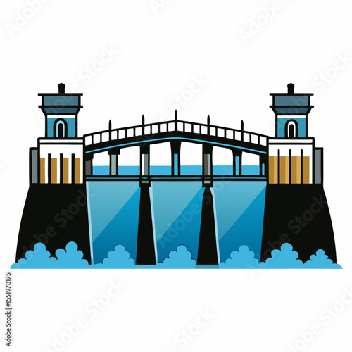 Creative River Barrage Vector Illustration | Detailed Water Control Structure for Hydropower, Irrigation, and Infrastructure Design	