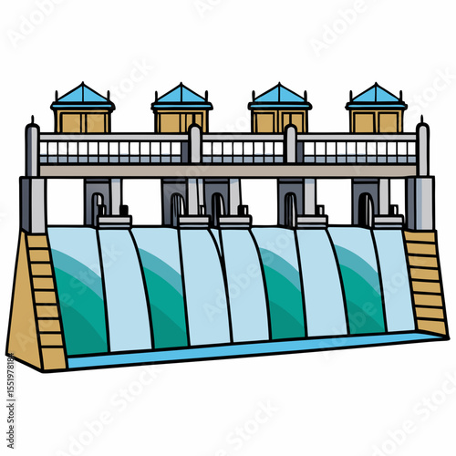 Creative River Barrage Vector Illustration | Detailed Water Control Structure for Hydropower, Irrigation, and Infrastructure Design	