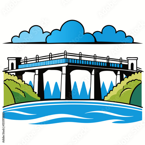 Creative River Barrage Vector Illustration | Detailed Water Control Structure for Hydropower, Irrigation, and Infrastructure Design	