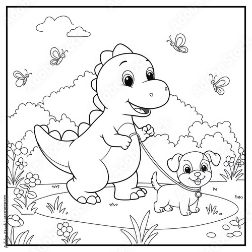 Dinosaur walking cute puppy in a sunny garden for coloring pages  