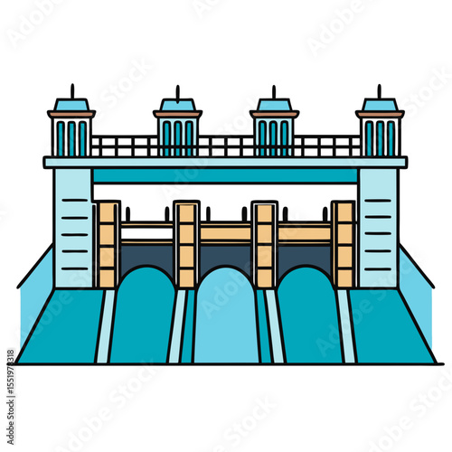 Creative River Barrage Vector Illustration | Detailed Water Control Structure for Hydropower, Irrigation, and Infrastructure Design	