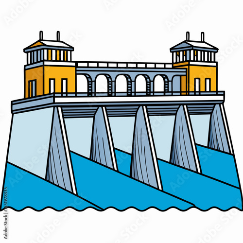 Creative River Barrage Vector Illustration | Detailed Water Control Structure for Hydropower, Irrigation, and Infrastructure Design	