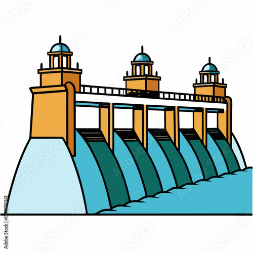 Creative River Barrage Vector Illustration | Detailed Water Control Structure for Hydropower, Irrigation, and Infrastructure Design	